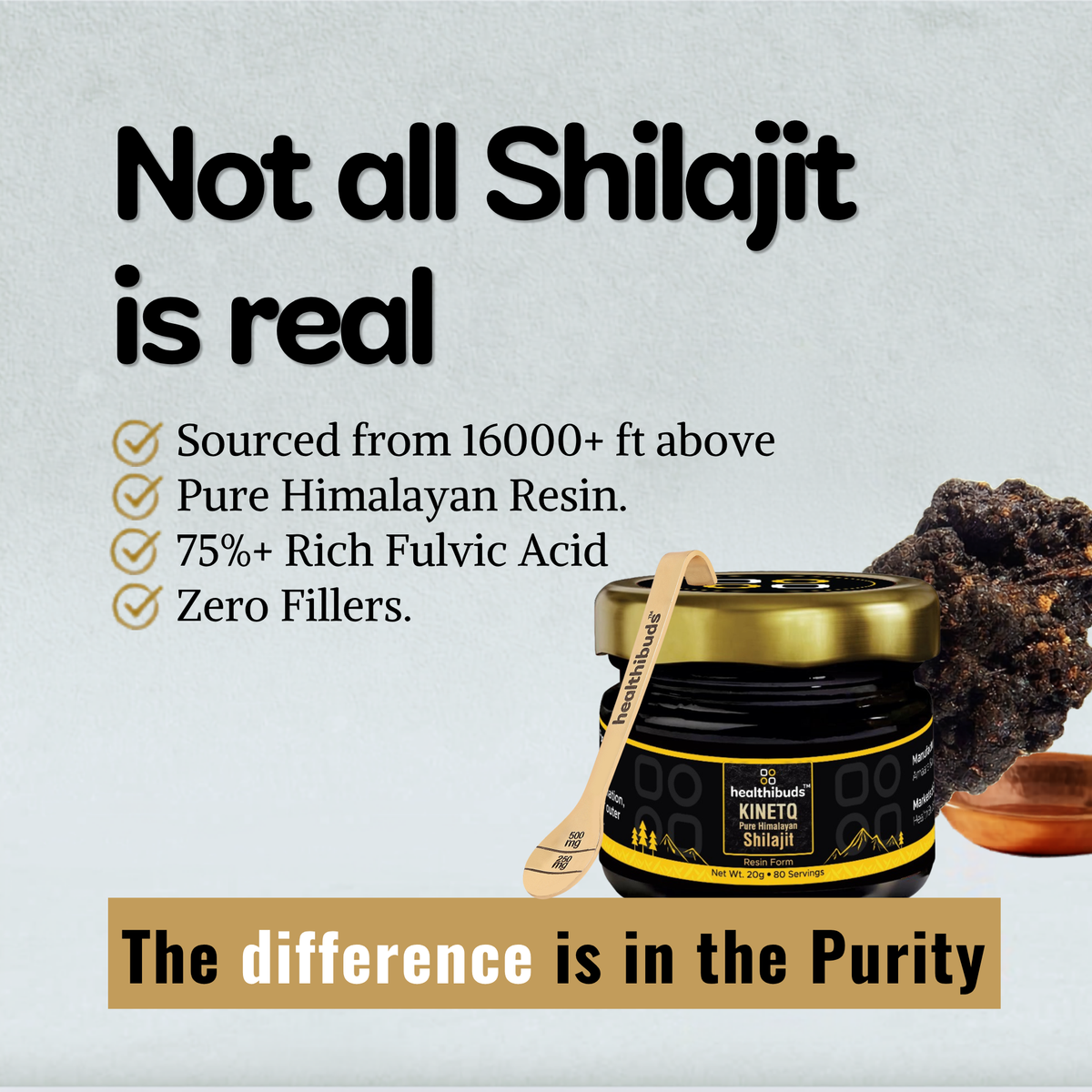 A promotional product graphic for a jar of healthblock Kinetd Shilajit resin. The image features a black jar with a gold lid and a wooden spoon inside, next to a large piece of dark shilajit and a small copper bowl.