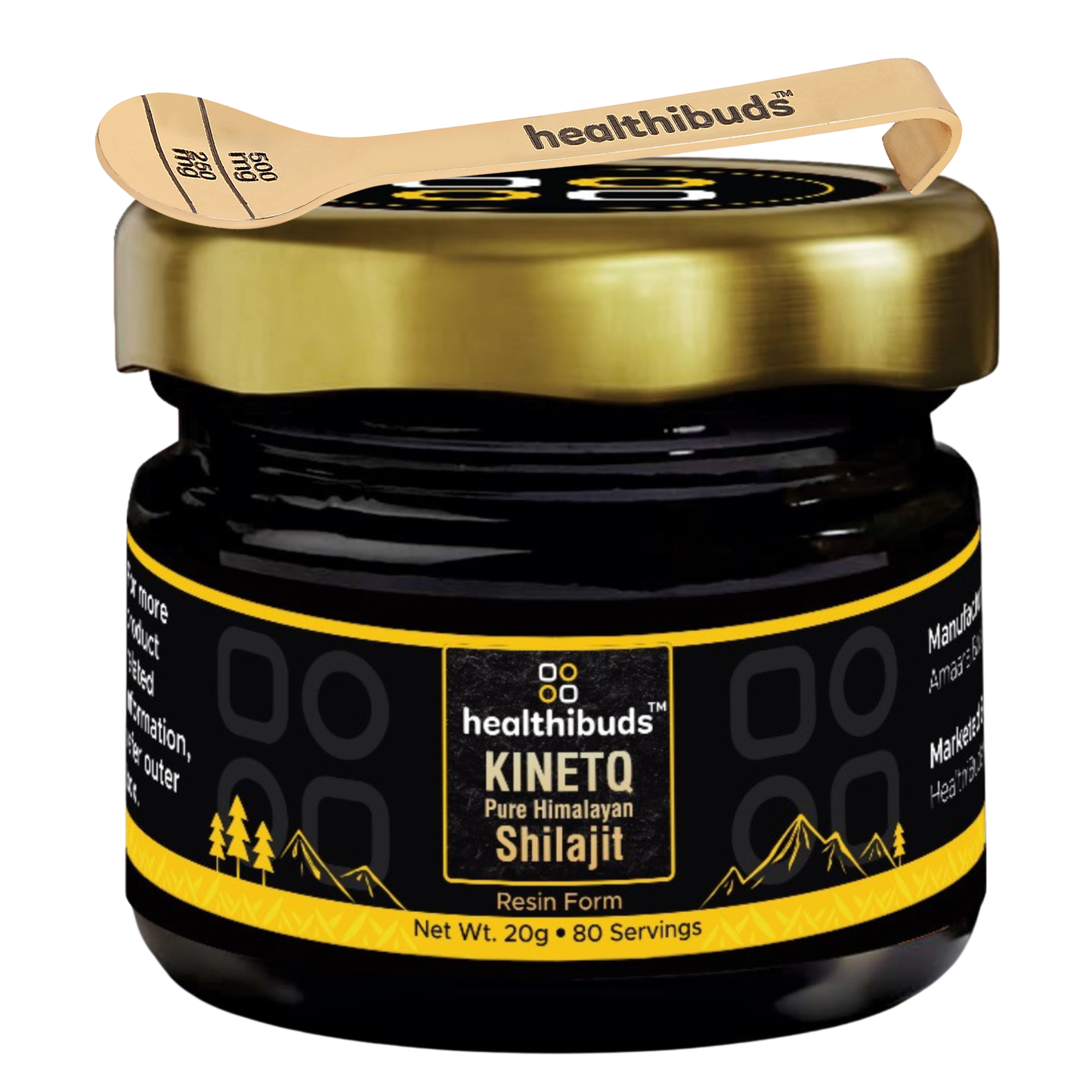 A jar of healthbuds Kinetq Pure Himalayan Shelajit resin form, featuring a black jar with a gold lid and a black and yellow label, complete with a wooden spoon resting on top.