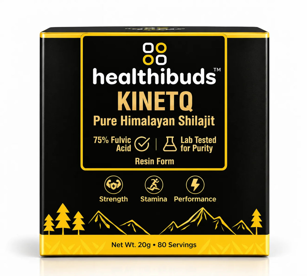 A square black product box for Healthibuds KinetQ Pure Himalayan Shilajit resin, featuring a yellow and white label with mountain graphics and icons indicating strength, stamina, and performance.
