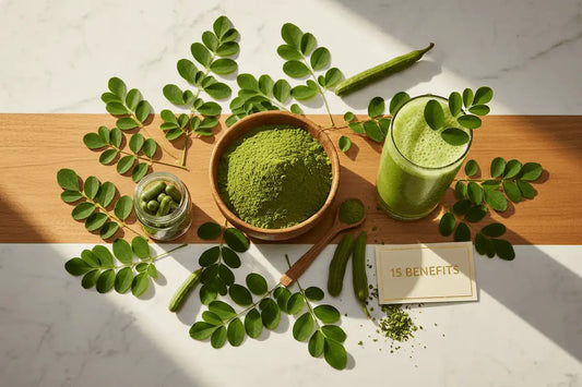 15 Science-Backed Benefits of Moringa Powder - Green moringa powder in wooden bowl with fresh moringa leaves and smoothie on marble surface | Healthibuds KINETQ Premium Moringa Powder