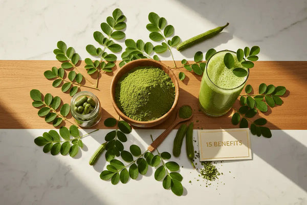 15 Science-Backed Benefits of Moringa Powder - Green moringa powder in wooden bowl with fresh moringa leaves and smoothie on marble surface | Healthibuds KINETQ Premium Moringa Powder