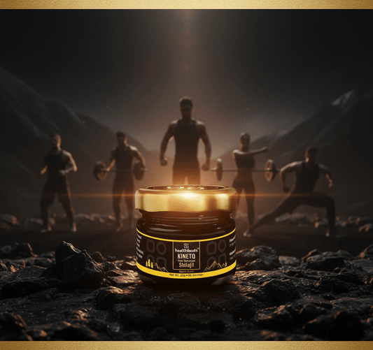 HealthiBuds KINETQ Shilajit Gold jar with glowing energy aura and running athletes in background, premium black and gold pre-workout natural energy booster for stamina and muscle recovery.