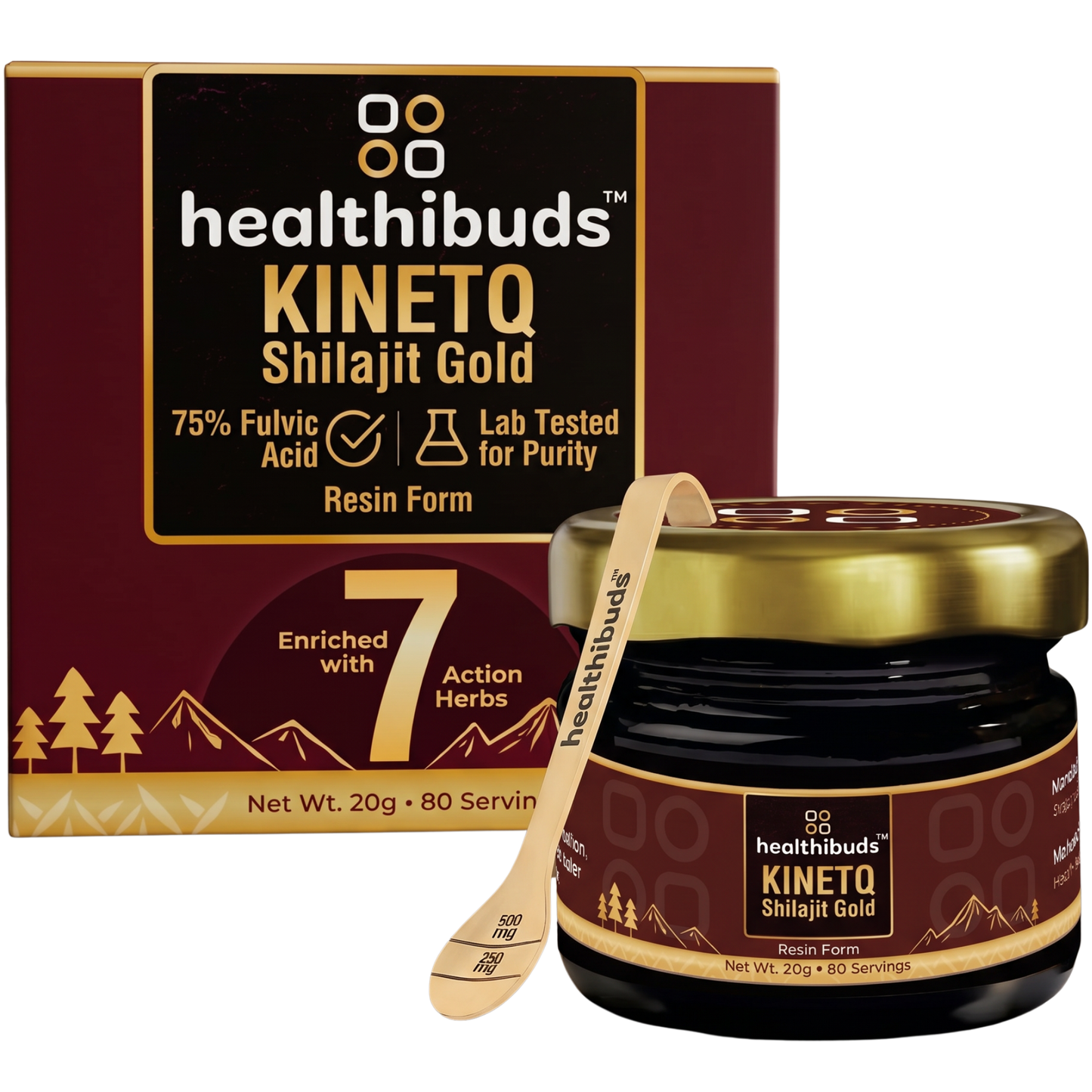 Healthibuds Kinetq Shilajit Gold resin jar with a wooden spoon in front and its retail box behind on a white background.