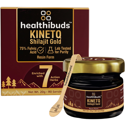 Healthibuds Kinetq Shilajit Gold resin jar with a wooden spoon in front and its retail box behind on a white background.