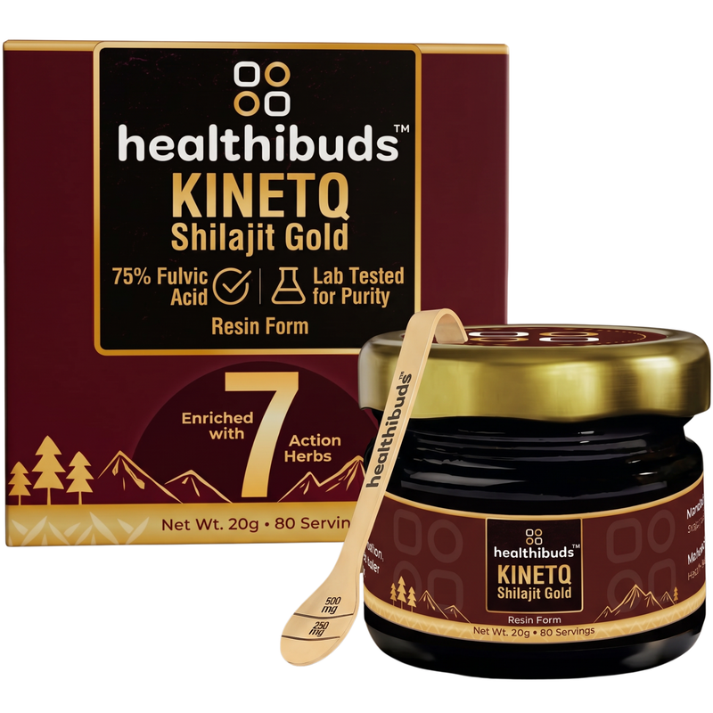 Healthibuds Kinetq Shilajit Gold resin jar with a wooden spoon in front and its retail box behind on a white background.