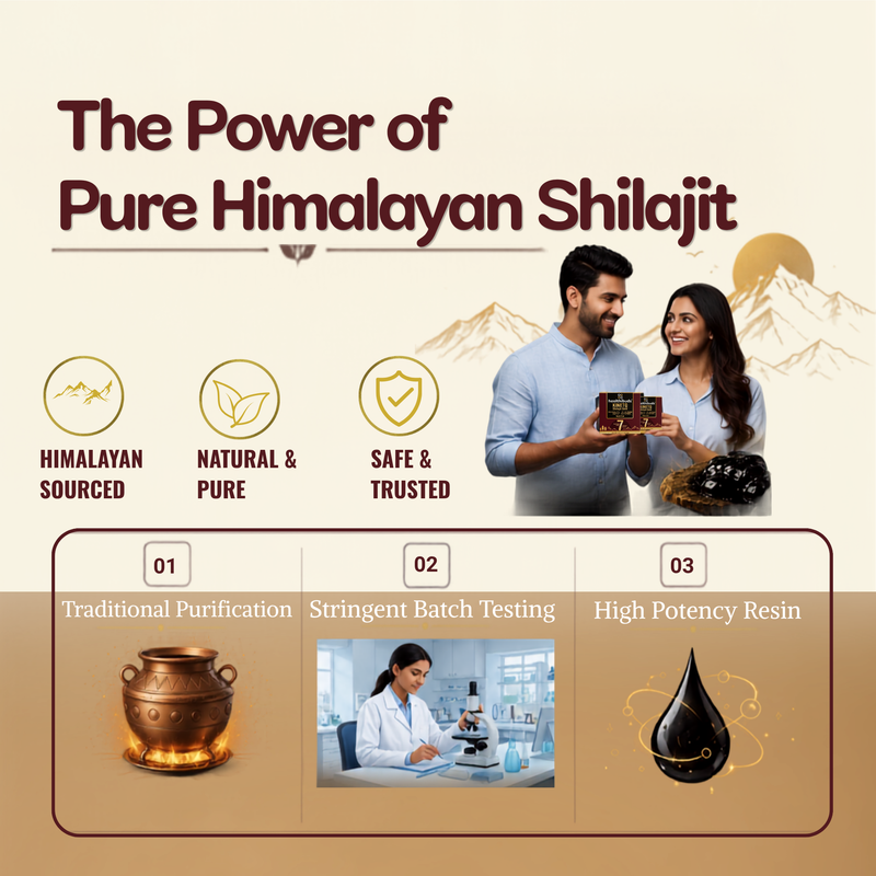 Promotional graphic for Himalayan Shilajit featuring the text 'The Power of Pure Himalayan Shilajit' on a beige background, with icons for 'Himalayan Sourced', 'Natural & Pure', and 'Safe & Trusted'. A man and woman are shown holding a small black box and a dark resin piece.