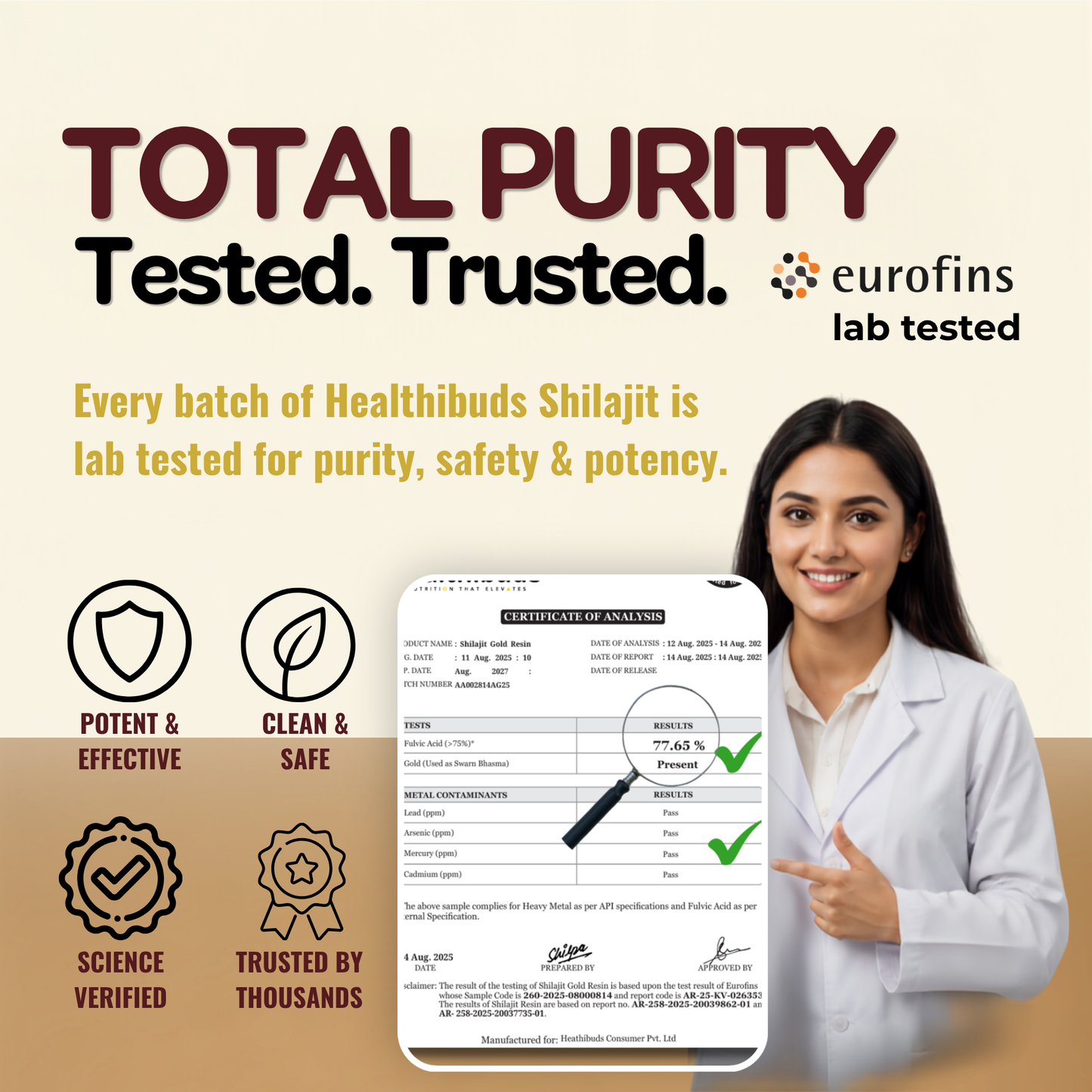 Promotional graphic for Eurofins Lab Tested Total Purity Healthbuds Shilajit, featuring a woman in a white lab coat pointing to a Certificate of Analysis on a beige background with product benefits and Eurofins Lab Tested branding.