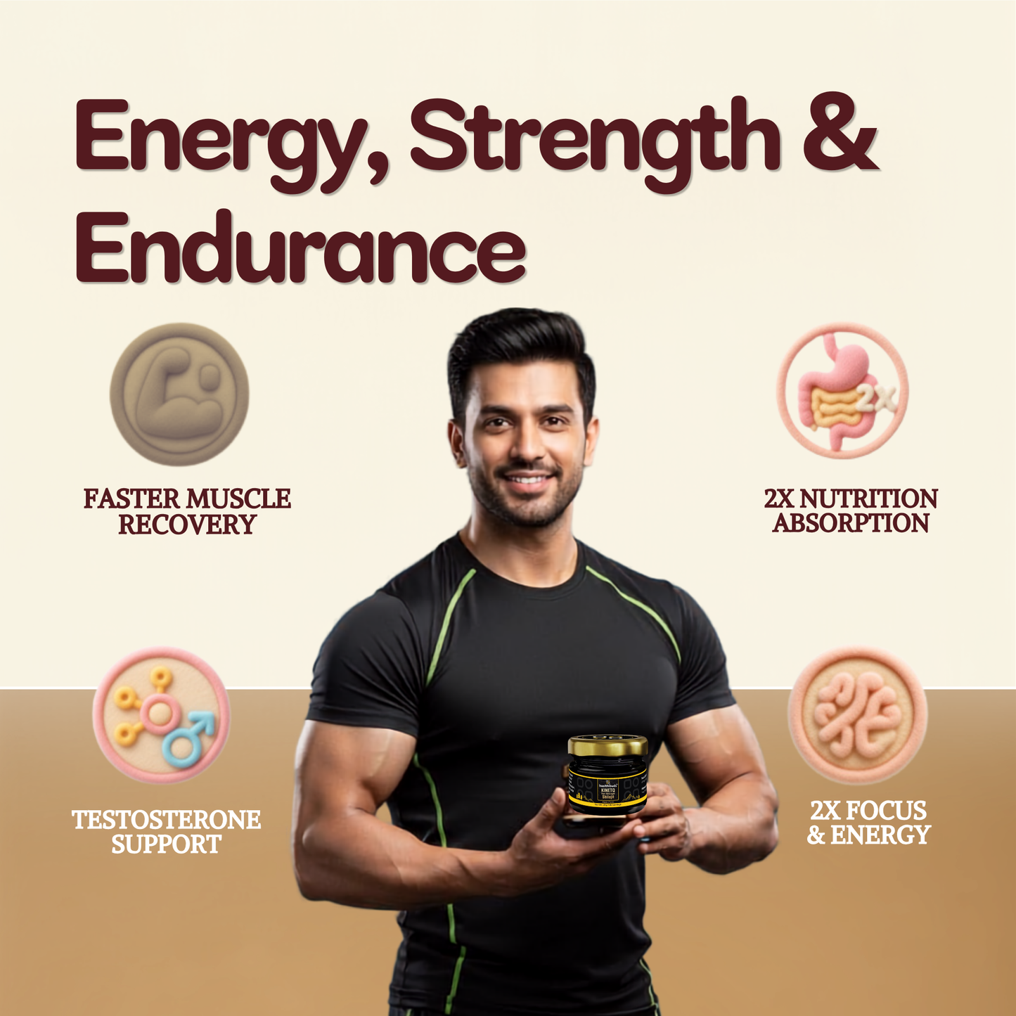 A muscular man in a black athletic shirt holds a jar of supplements against a beige background with promotional text reading 'Energy, Strength & Endurance' and icons for muscle recovery, nutrition absorption, testosterone support, and focus and energy.