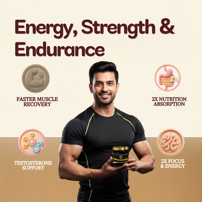 A muscular man in a black athletic shirt holds a jar of supplements against a beige background with promotional text reading 'Energy, Strength & Endurance' and icons for muscle recovery, nutrition absorption, testosterone support, and focus and energy.