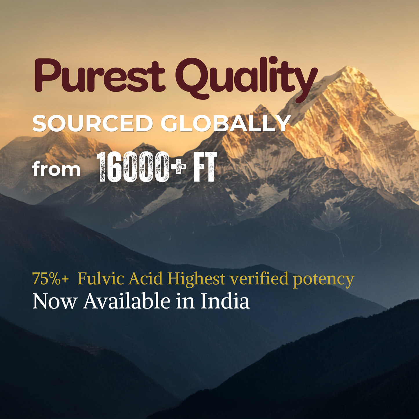 Promotional graphic featuring a mountain landscape with text reading 'Purest Quality', 'Sourced Globally from 16000+ FT', and '75%+ Fulvic Acid Highest verified potency Now Available in India'.
