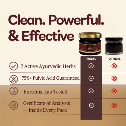 Promotional comparison graphic for Kinetq Ayurvedic paste jar, showing a product jar and a black paste container next to a table highlighting benefits like 7 active ayurvedic herbs, 75%+ fulvic acid guarantee, lab testing, and certificate of analysis.