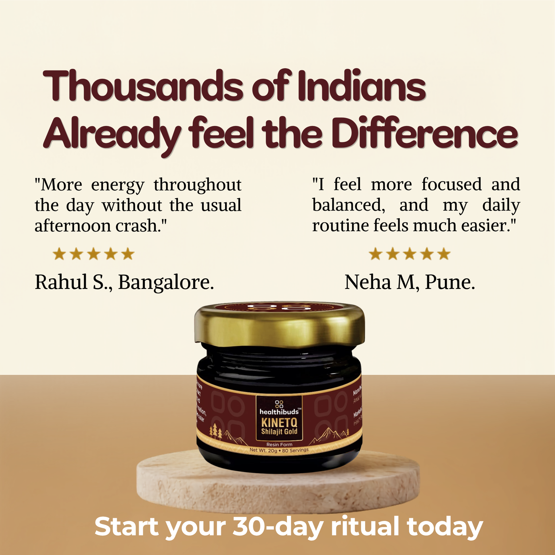A jar of Kineio Shiwaya Gold by Shiwakalmari is displayed on a wooden coaster against a beige background with promotional text. The product features a dark brown label with gold lettering and a gold lid.