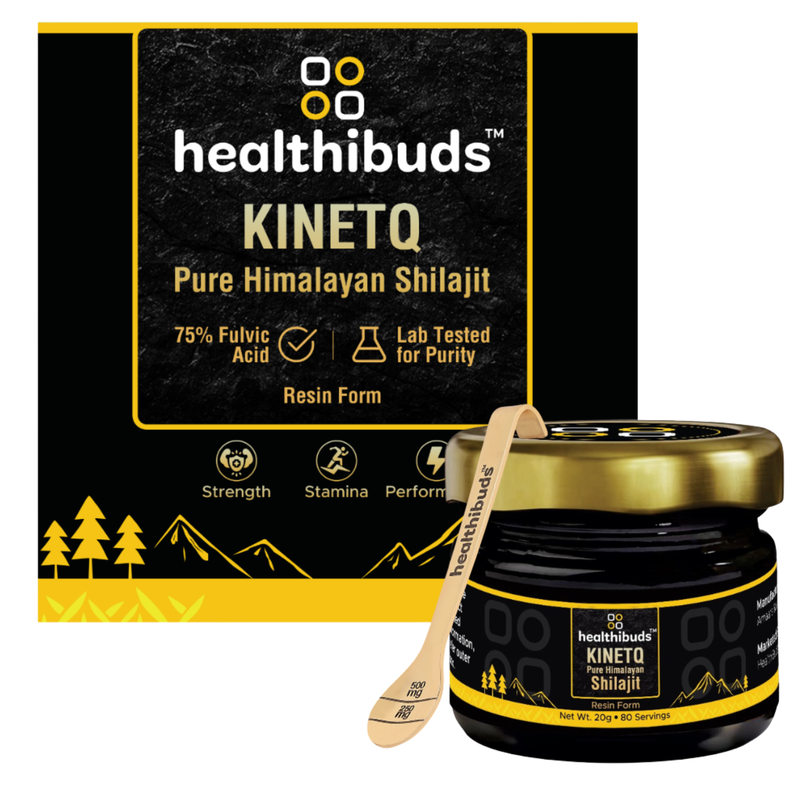 A jar of healthibuds Kinetq Pure Himalayan Shilajit resin with a wooden scoop, shown in front of its black and yellow packaging box.