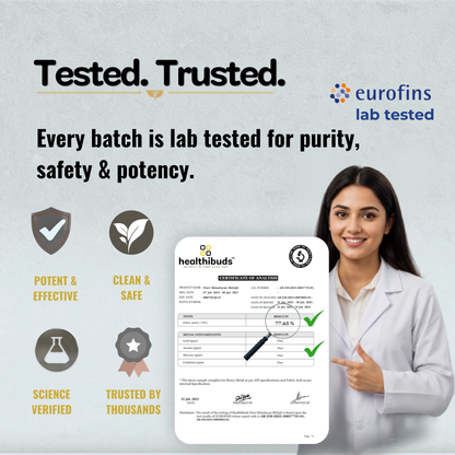 Promotional graphic for Healthbuds showing a woman in a white lab coat next to a sample certificate, with text stating 'Tested. Trusted.