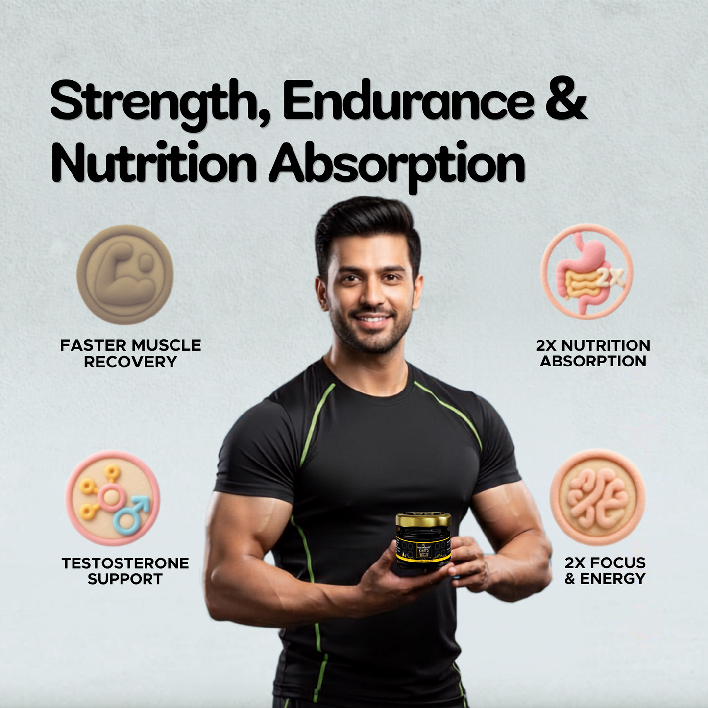 A man in a black athletic shirt holds a small supplement jar against a light gray background with marketing text reading 'Strength, Endurance & Nutrition Absorption' and four feature icons for muscle recovery, nutrition absorption, testosterone support, and focus and energy.