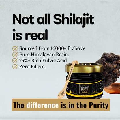 A promotional product graphic for a jar of healthblock Kinetd Shilajit resin. The image features a black jar with a gold lid and a wooden spoon inside, next to a large piece of dark shilajit and a small copper bowl.