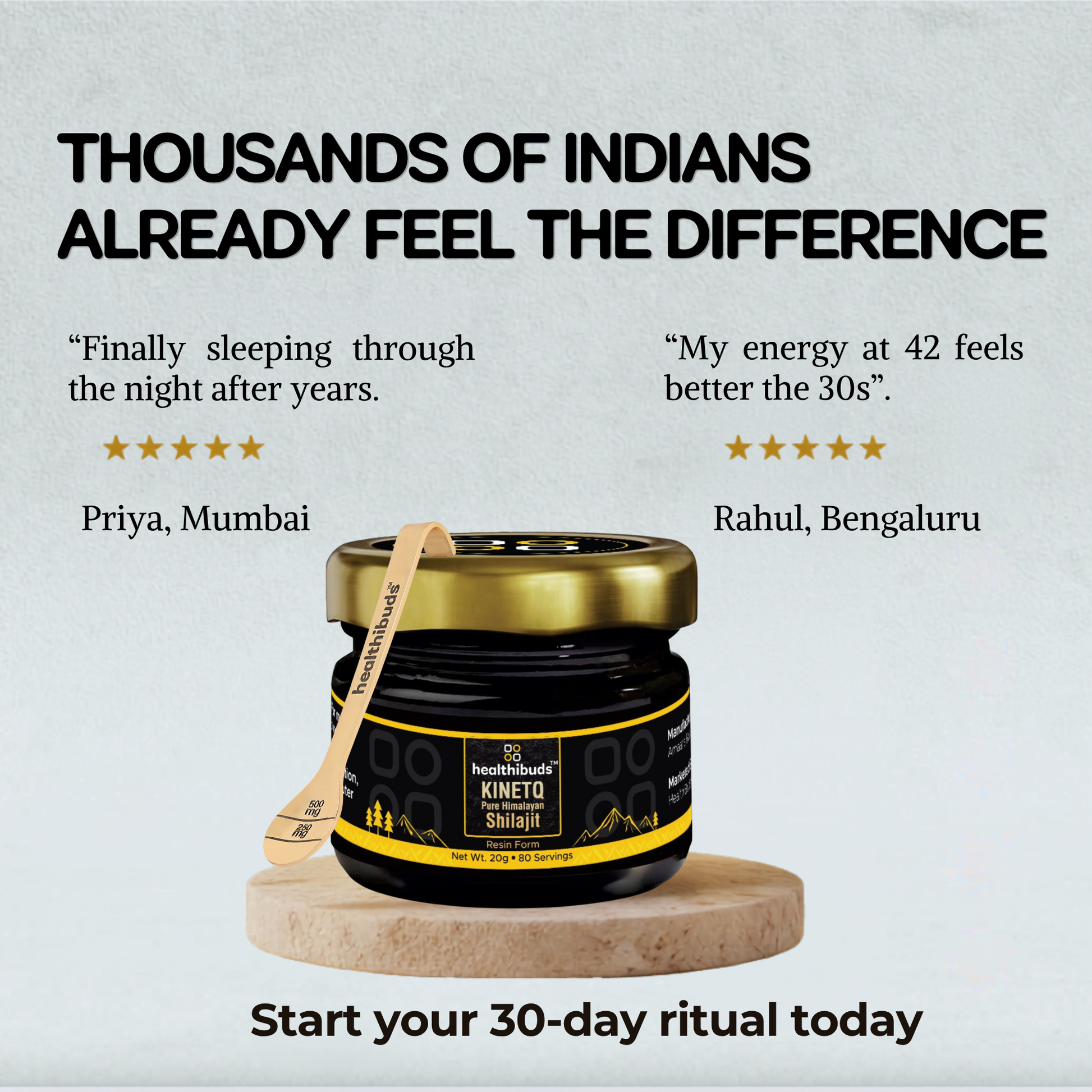 A jar of Kineto Shilajit by Hridaya Wellness placed on a small wooden coaster, with promotional text above and customer testimonials below on a light textured background.