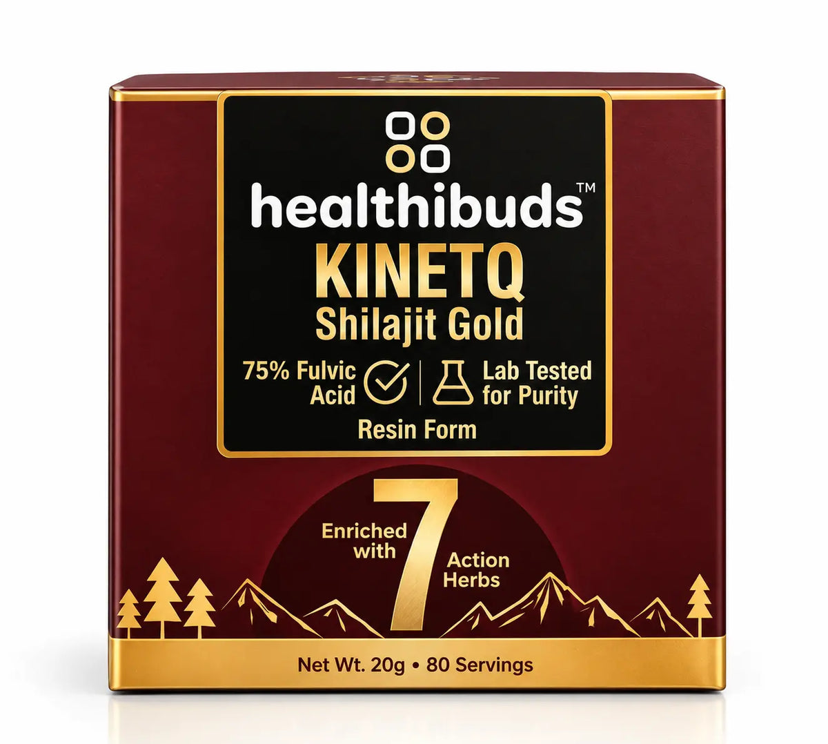 Healthibuds Kinetq Shilajit Gold resin form supplement box, featuring a deep maroon and gold color scheme with a black central label panel.
