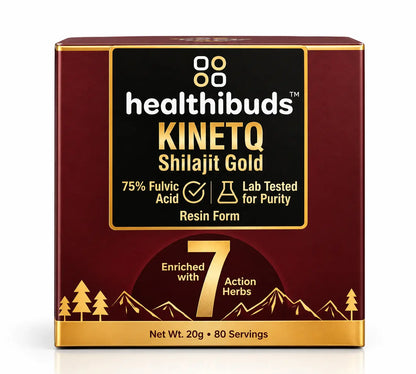 Healthibuds Kinetq Shilajit Gold resin form supplement box, featuring a deep maroon and gold color scheme with a black central label panel.