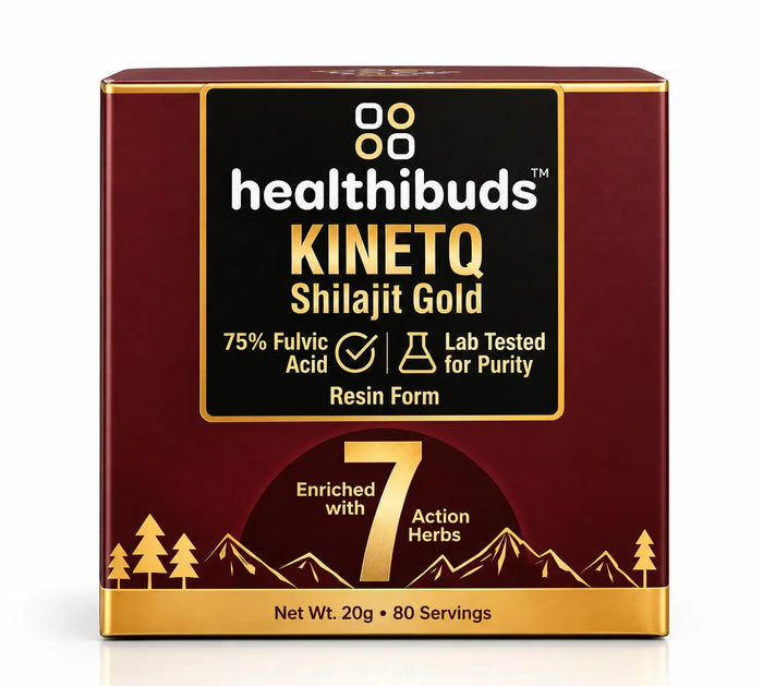 Healthibuds Kinetq Shilajit Gold resin form supplement box, featuring a deep maroon and gold color scheme with a black central label panel.