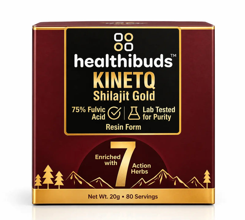 Healthibuds Kinetq Shilajit Gold resin form supplement box, featuring a deep maroon and gold color scheme with a black central label panel.