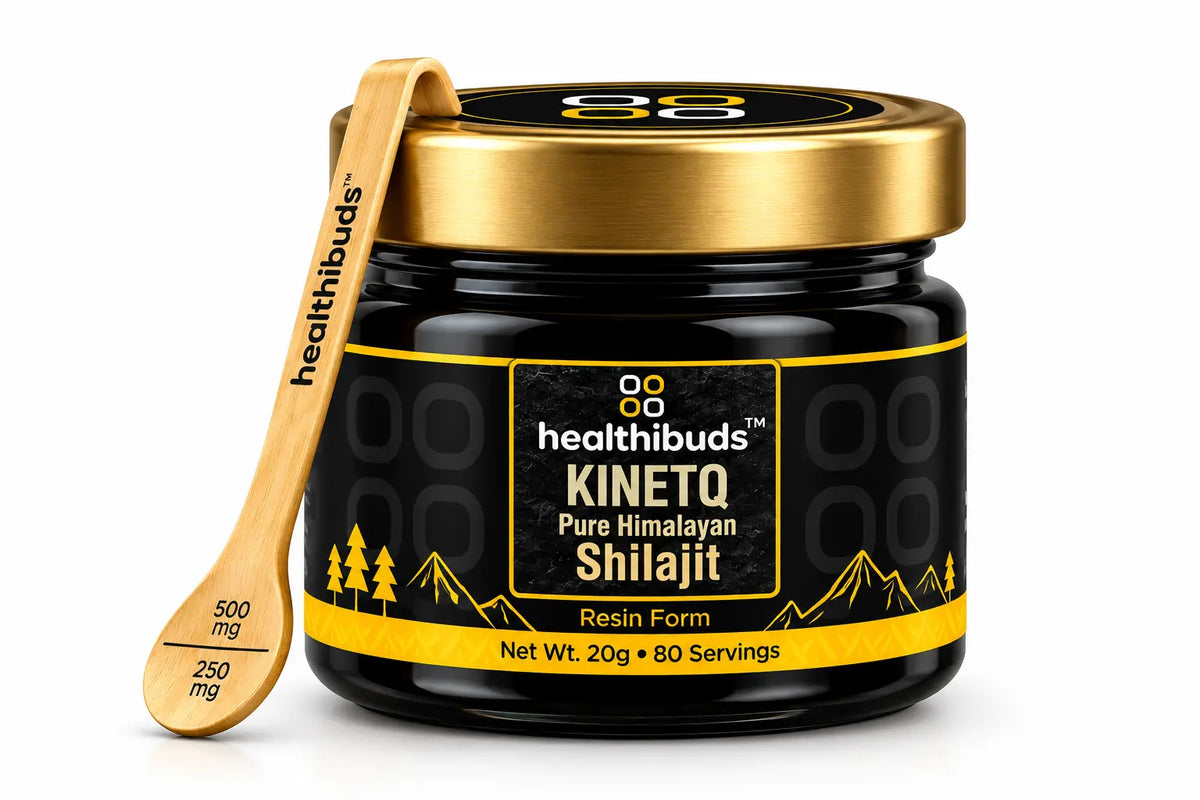 A jar of Healthibuds KinetQ Pure Himalayan Shilajit resin form supplement, featuring a black jar with a gold lid and a gold measuring spoon on a white background.
