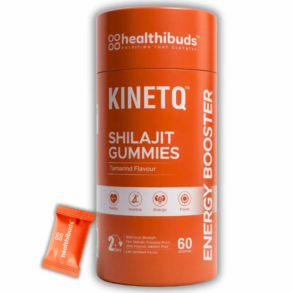 Healthibuds Kinetq Shilajit Gummies container with a gummy on a white background