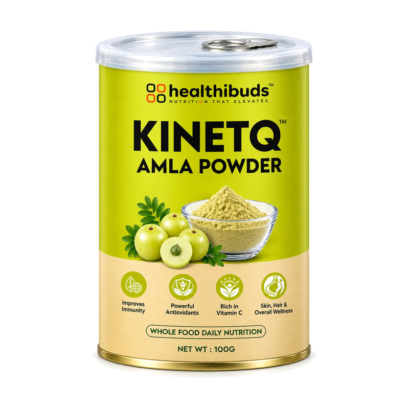 100g tin of Amla Powder with Healthibuds KINETQ label