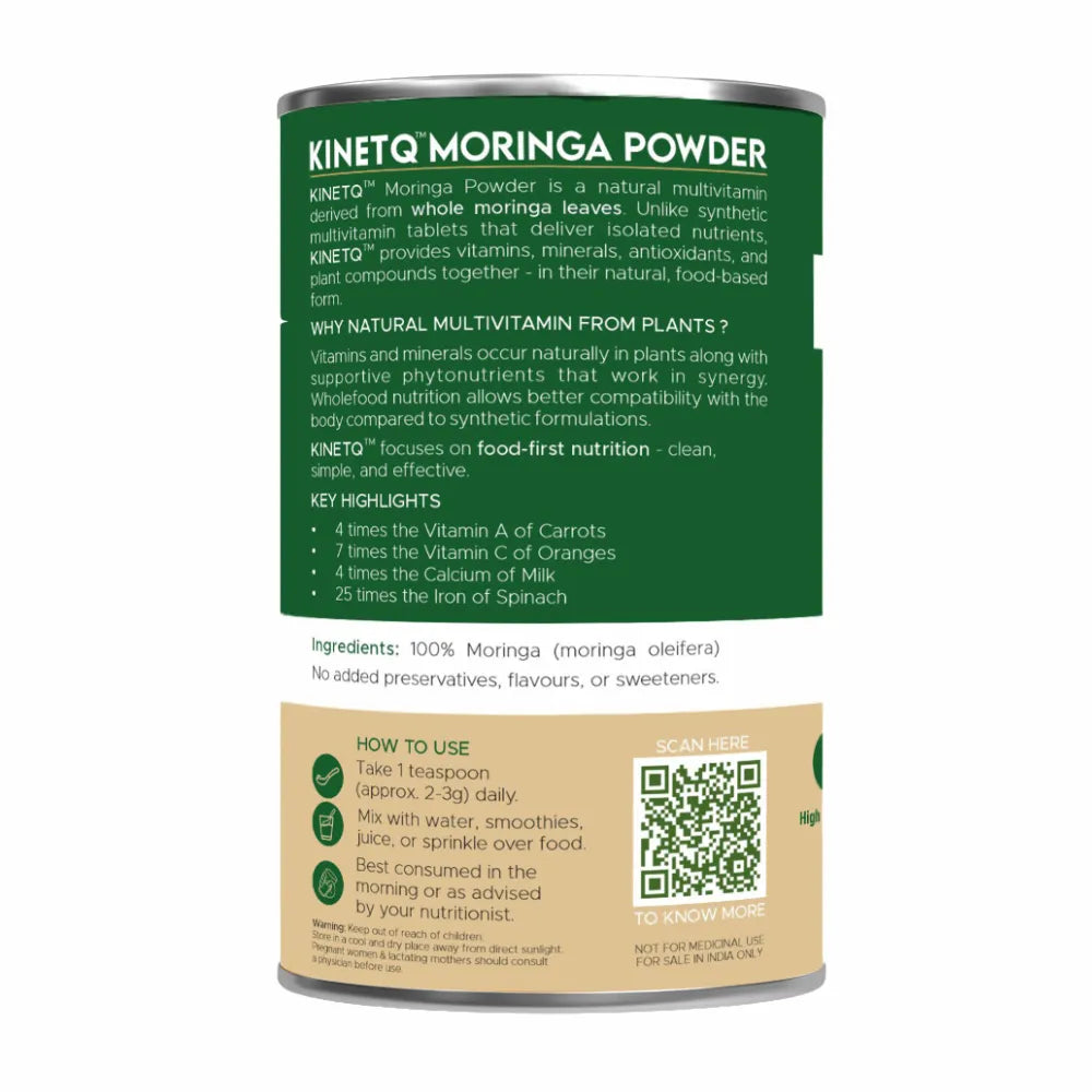 Kinetiq Moringa Powder container with green and beige label on a white background