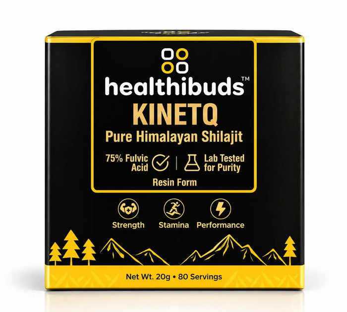 A square black product box for Healthibuds KinetQ Pure Himalayan Shilajit resin, featuring a yellow and white label with mountain graphics and icons indicating strength, stamina, and performance.