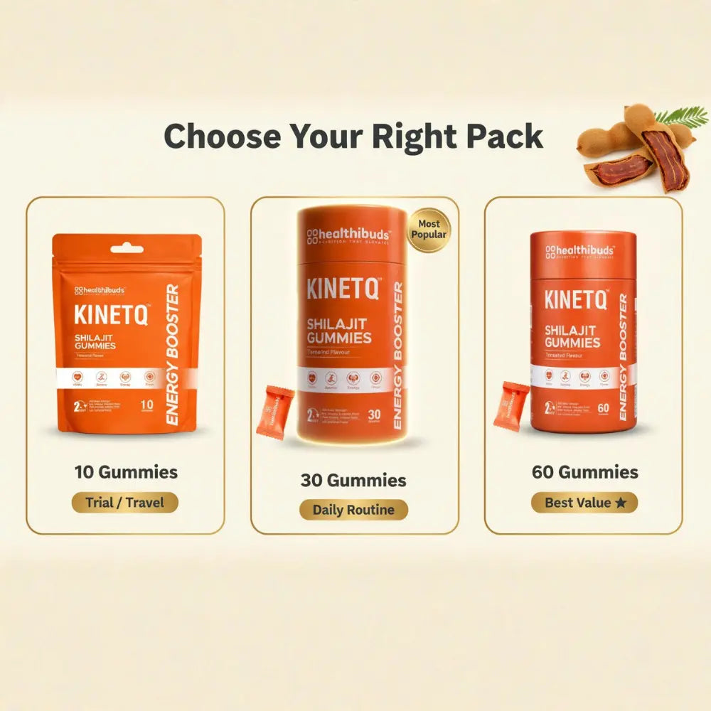 Sheethalbude Kinetq energy booster gummies packaging options on a beige background