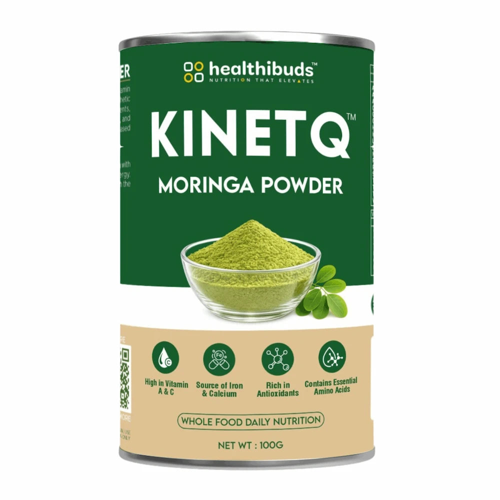 Can of Healthibuds Kinetq Moringa Powder with green label and product image.