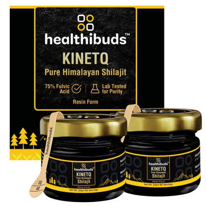 Two jars of healthibuds Kinetq Pure Himalayan Shilajit resin form with wooden spoons, displayed in front of their black and gold retail box.