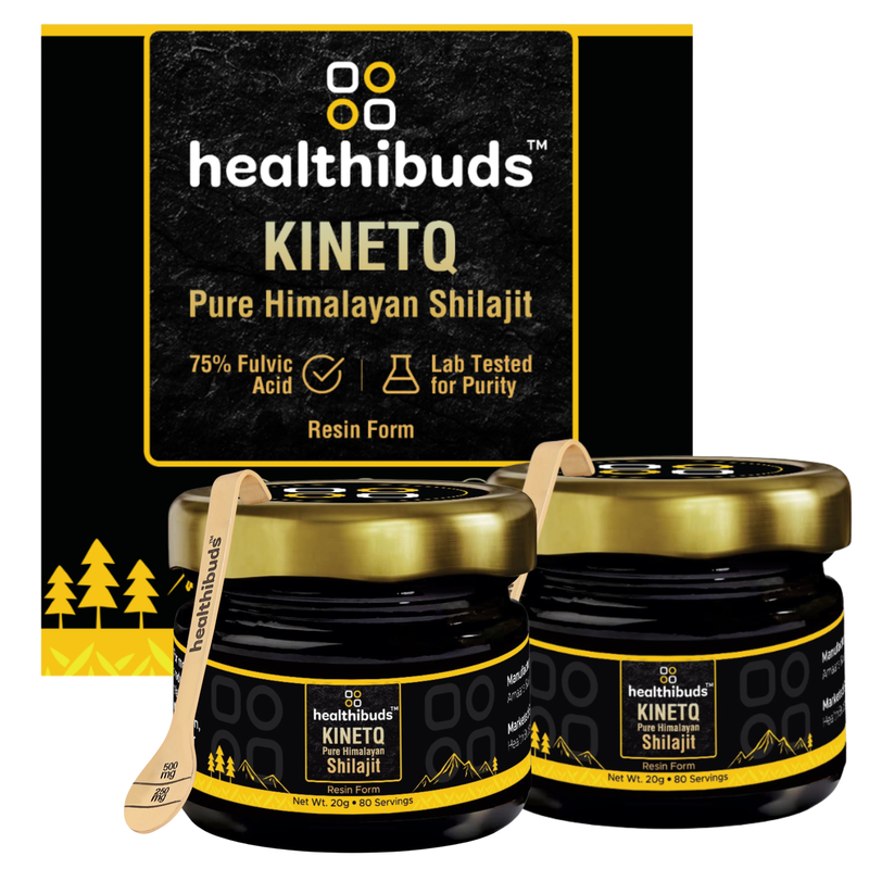 Two jars of healthibuds Kinetq Pure Himalayan Shilajit resin form with wooden spoons, displayed in front of their black and gold retail box.