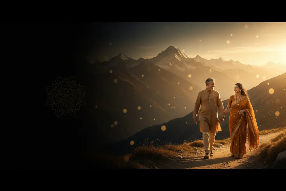 Couple walking hand in hand on a mountain path during sunset.