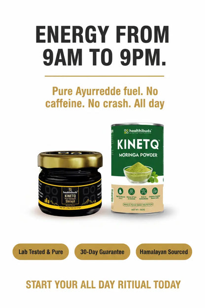 Advertisement for KinetQ Moringa Powder with product packaging on a white background
