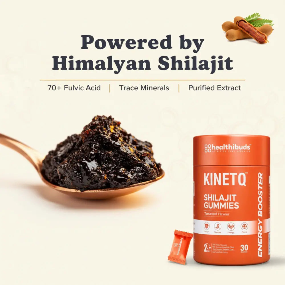 KinetQ Shilajit Gummies packaging with a spoonful of shilajit and cinnamon sticks on a light background.