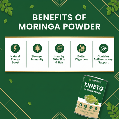 Benefits of Moringa Powder with Kinetiq product on a green background
