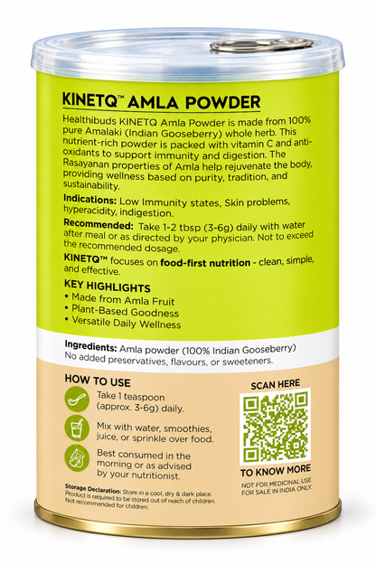 A cylindrical plastic canister of KinetQ Amla Powder with a bright yellow-green label and a beige lower section, shown on a plain white background.