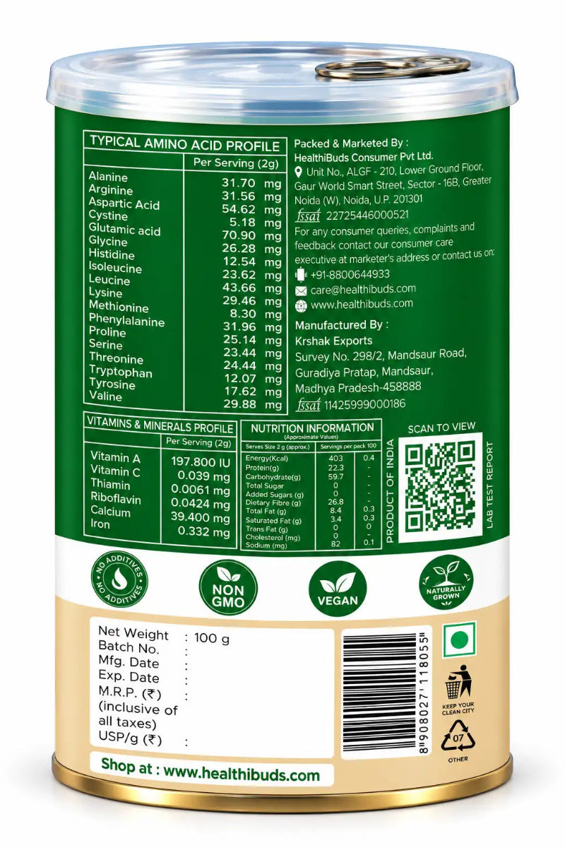 The back of a 100g can of Healthbuds Consumable Protein Powder, showing the nutrition facts, ingredients, and product details on a white background.