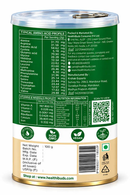 The back of a 100g can of Healthbuds Consumable Protein Powder, showing the nutrition facts, ingredients, and product details on a white background.
