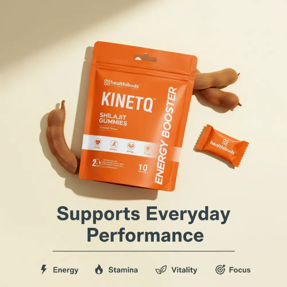 Healthibuds Kinetq Shilajit Gummies packaging on a beige background