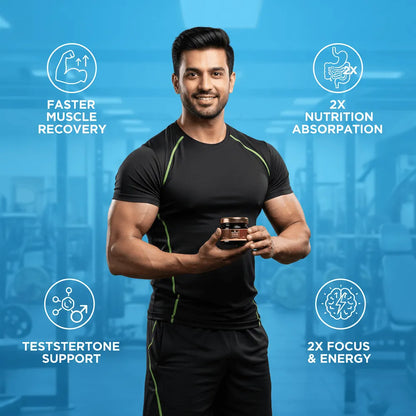 Man holding a supplement jar with health benefits text on a blue background