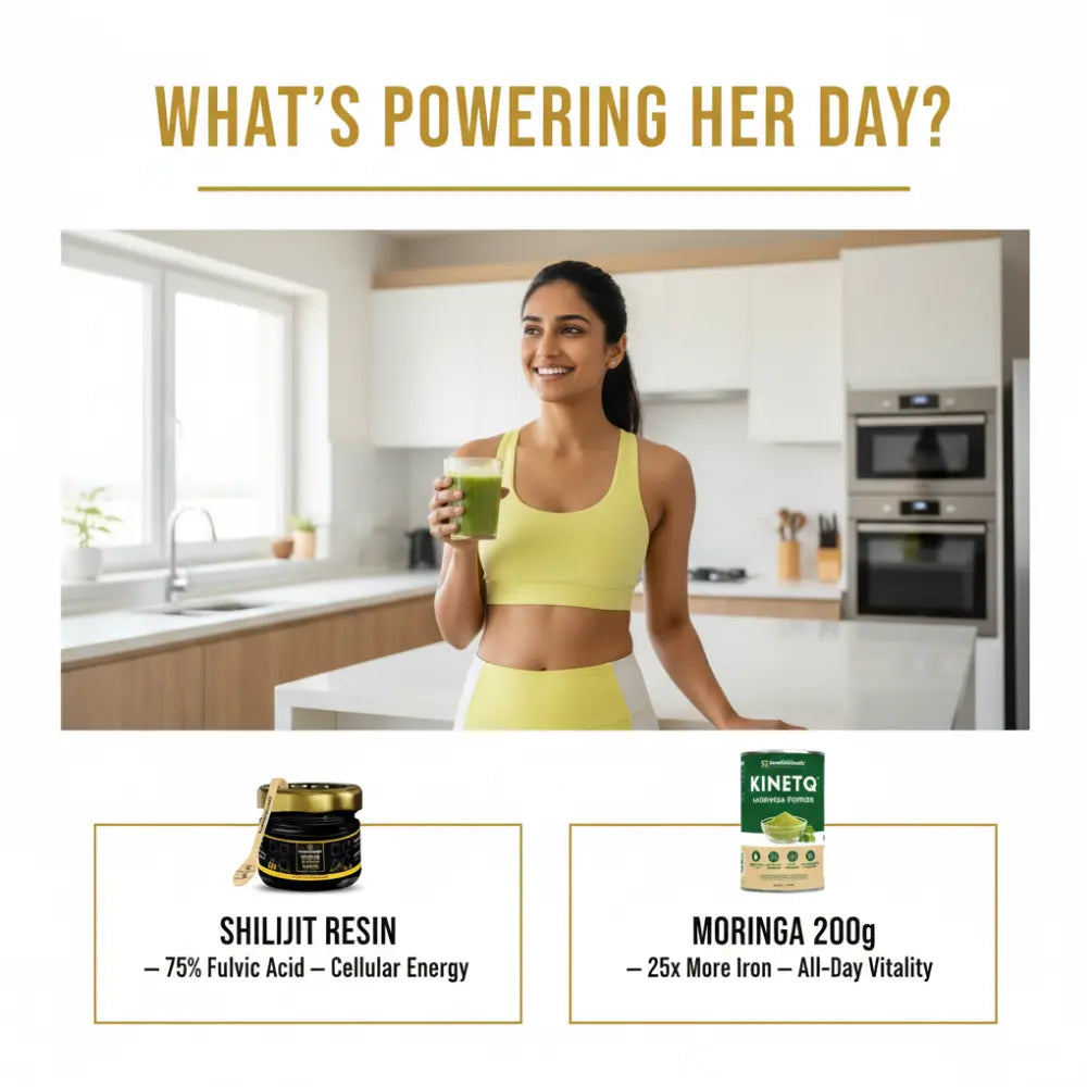 Woman in a kitchen holding a green smoothie with product placements below.