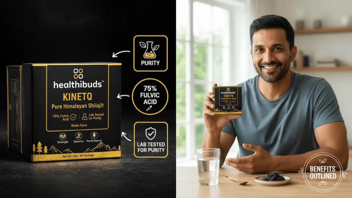 Healthibuds Kinetq packaging with a man holding a jar indoors.