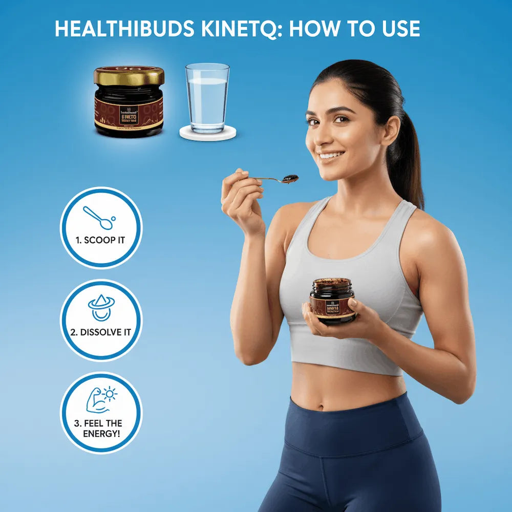 Woman holding a jar and spoon with text on how to use Healthibuds Kinetq, against a blue background.