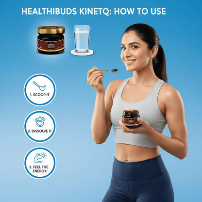 Woman holding a jar and spoon with text on how to use Healthibuds Kinetq, against a blue background.