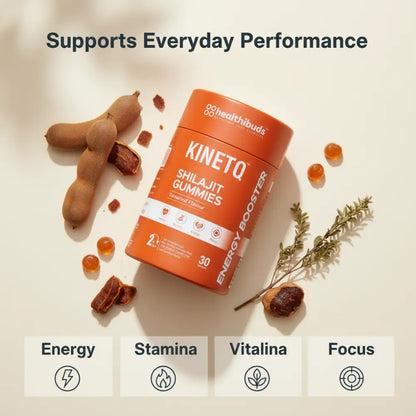KINETO Shilajit Gummies container with tamarind pods and dates on a beige background