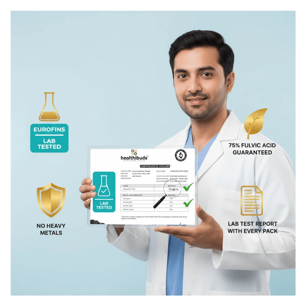Man in a lab coat holding a Healthbuds lab test report against a light blue background