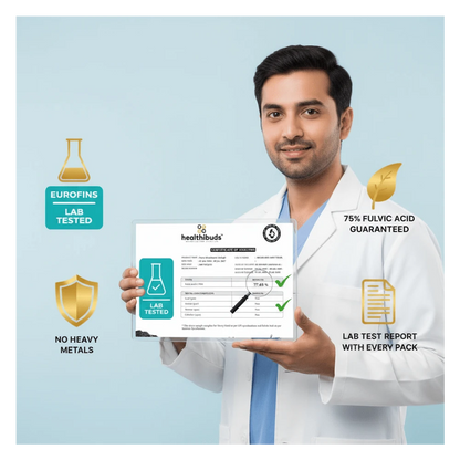 Man in a lab coat holding a Healthbuds lab test report against a light blue background
